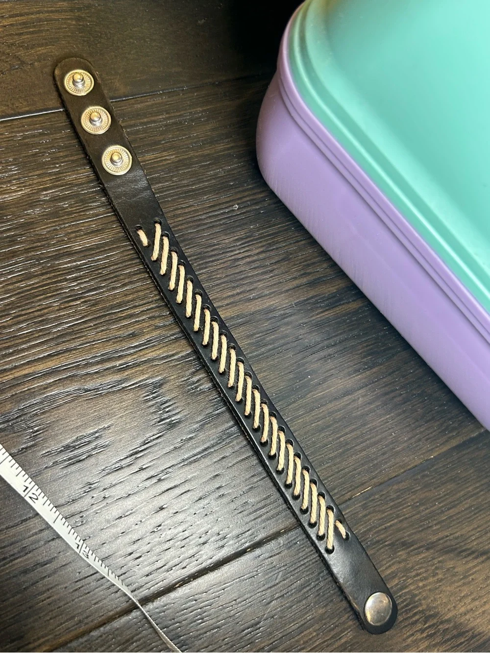 Vintage Black Leather Whipstitch Boho Western Adjustable Snap Bracelet